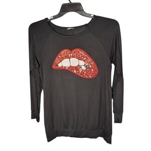 Hemish USA Sequin Lips Black Long Sleeve Oversized Top Sz S